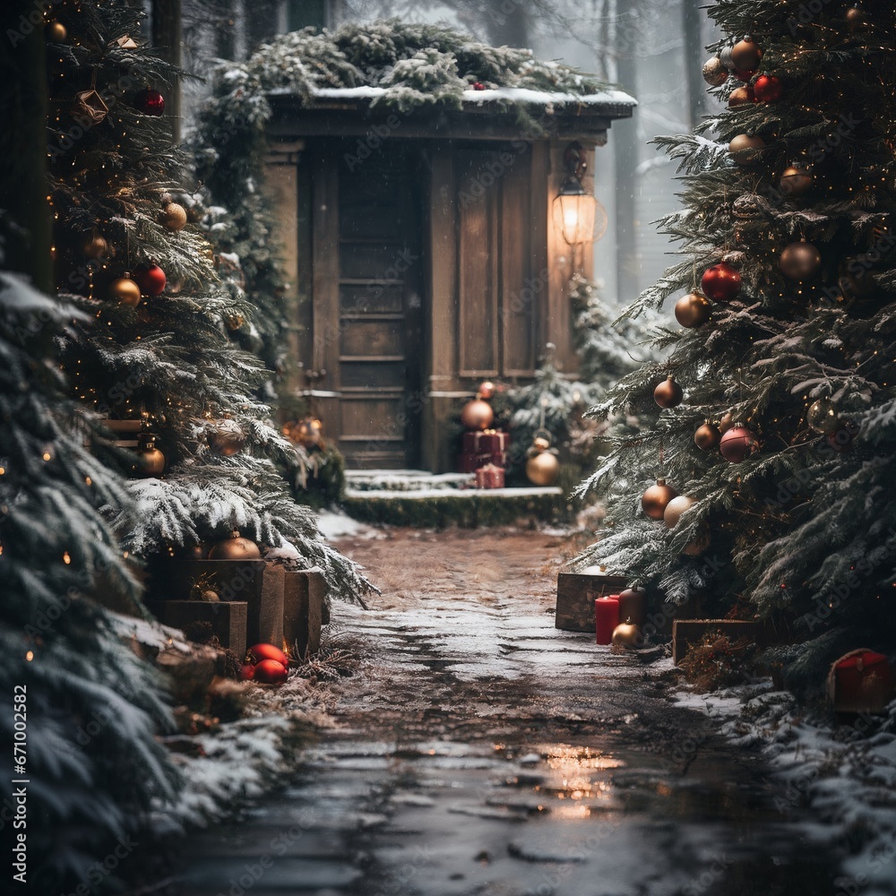 Fototapeta premium exteriors of the house are decorated for Christmas or New Year's holiday, city street in winter, snow, gifts on the porch, and street lights, a fairy-tale environment