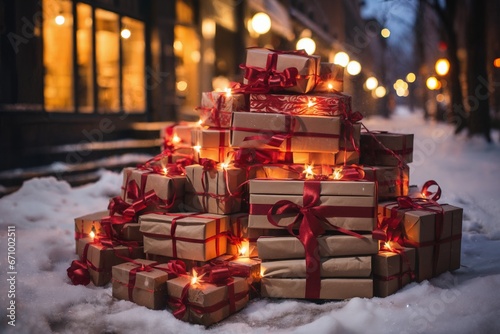 a lot of gifts in city street in winter, exteriors of the house are decorated for Christmas or New Year's holiday, street lights, a fairy-tale environment