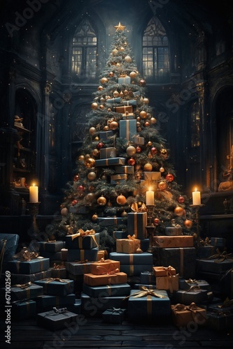 Christmas tree in hall of old castle, decorated with garlands and lights, a lot of gifts, dark night