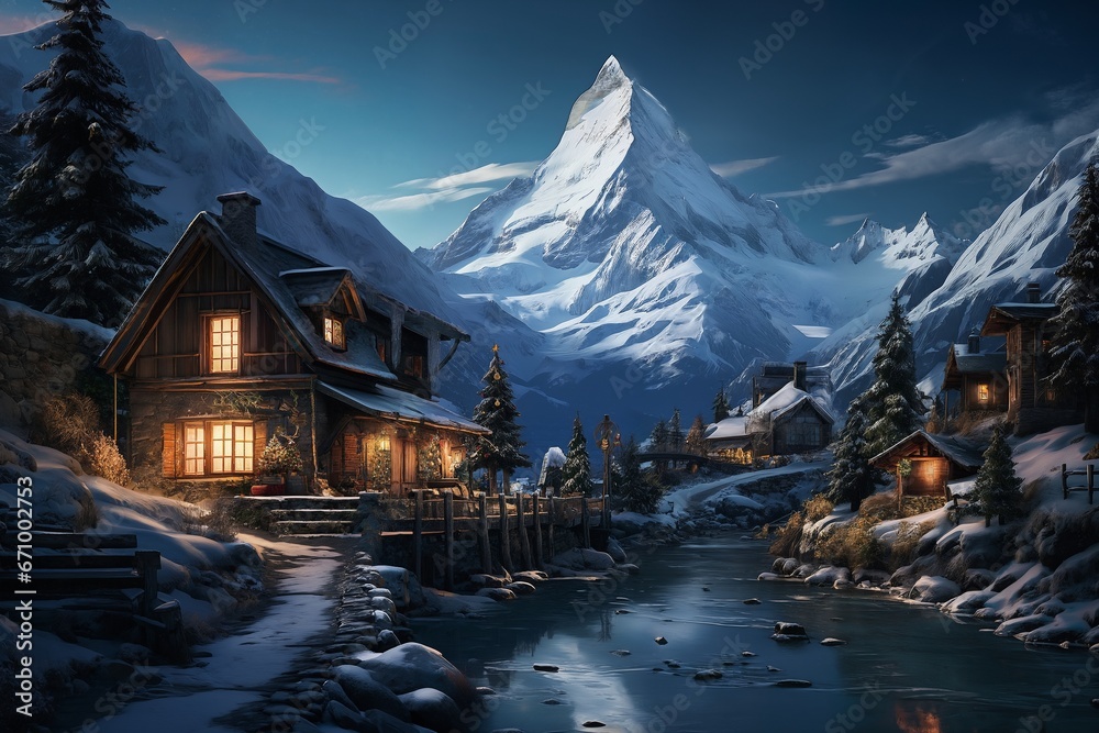 village street in winter, exteriors of houses decorated for Christmas or New Year's holiday, snow, street lights, mountain, festive environment