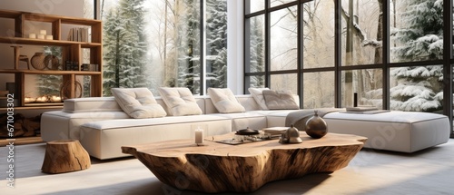 Livingroom, edge tree stump accent coffee table with big couch in room, Minimalist home interior design of modern living room in house, Generative AI © Onchira