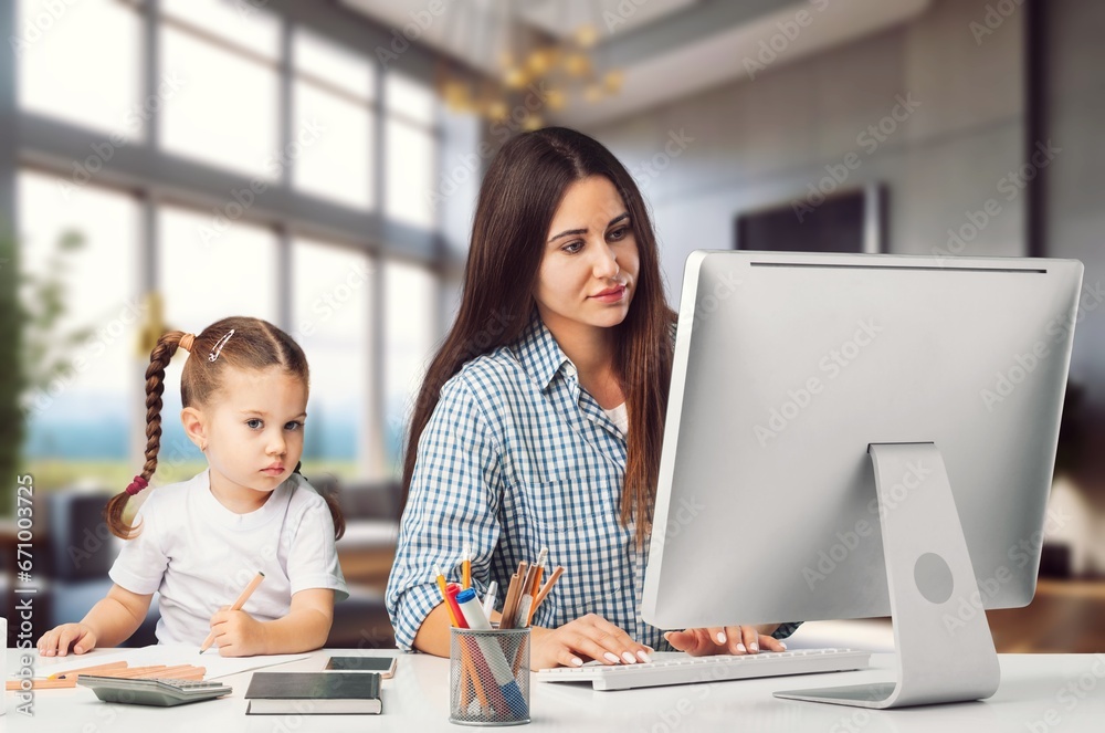 Obraz premium Mom at Work managing business and taking care of daughter, AI generated image