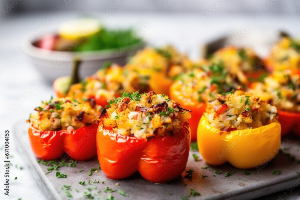 vegetable stuffed bell peppers on a marble counter vegetable stuffed bell peppers on a marble counter