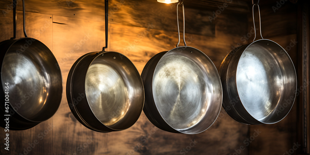 Professional cooking utensils hanging in a restaurant kitchen Pans hanging commercial kitchen Stock Photo Set of saucepans hanging in kitchen with wooden background and light Ai Generative - obrazy, fototapety, plakaty 