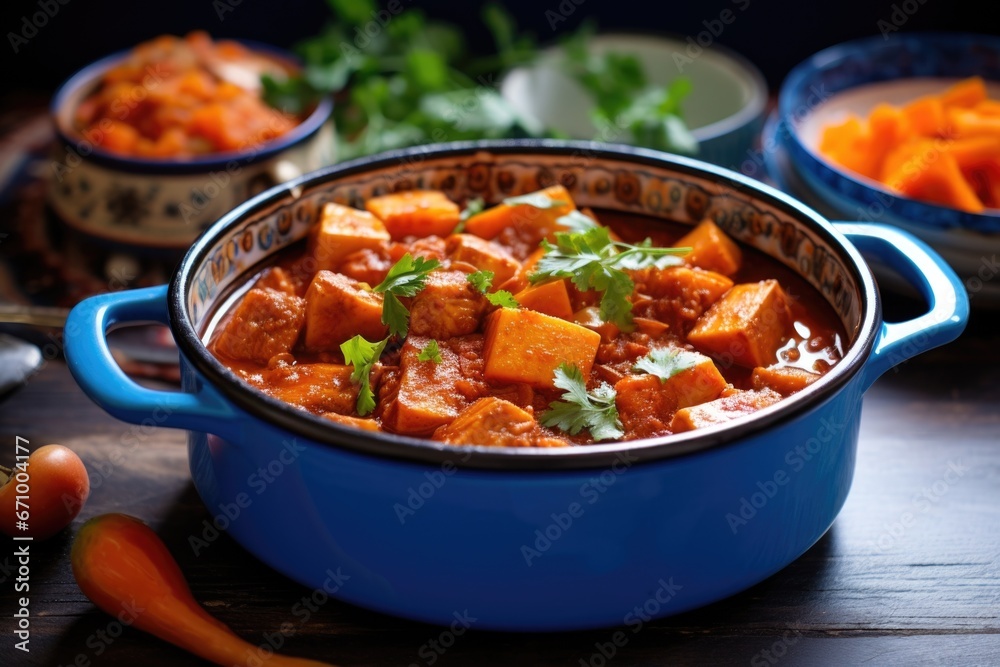 vegan tzimmes, sweet carrot stew, in a blue bowl vegan tzimmes, sweet carrot stew, in a blue bowl