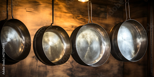 Professional cooking utensils hanging in a restaurant kitchen Pans hanging commercial kitchen Stock Photo Set of saucepans hanging in kitchen with wooden background and light Ai Generative
