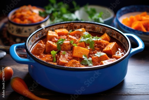 vegan tzimmes, sweet carrot stew, in a blue bowl photo