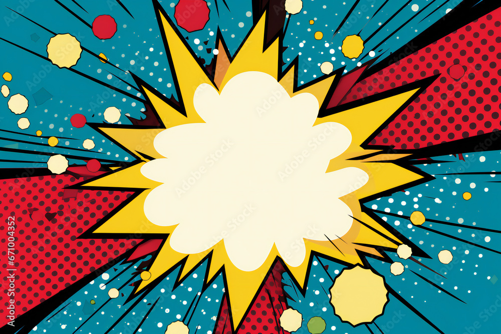 Naklejka premium comics pop art style boom sign frame in bright colors, superhero party theme