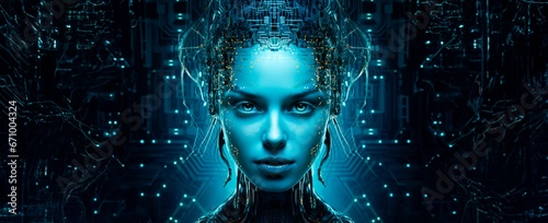 front view of an abstract futuristic humanoid robot head with vibrant neon neural network, representing futuristic technology and artificial intelligence.