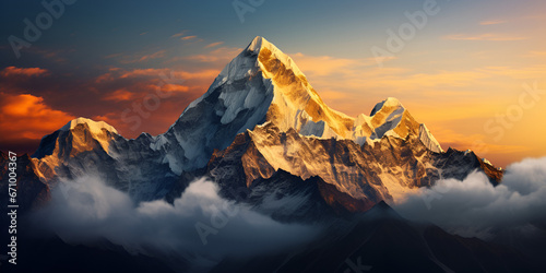 Majestic Sunset over Mountainous Forest Landscape with River and Clouds. Captivating sunset landscape with forest, mountains, river, and clouds.,generative AI