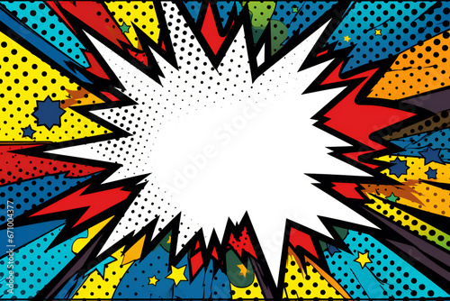 comics pop art style boom sign frame in bright colors, superhero party theme