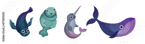 Cute Sea Animals and Underwater Creature with Seal, Narwhale and Whale Vector Set