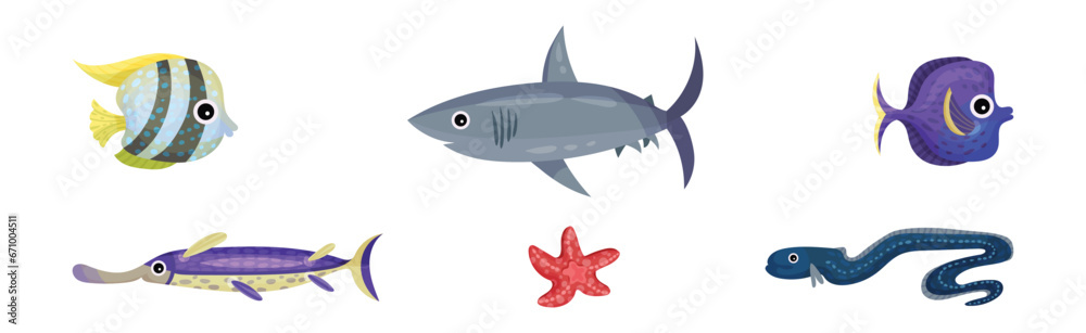 Cute Sea Animals and Underwater Creature with Shark, Starfish, Fish and Eel Vector Set