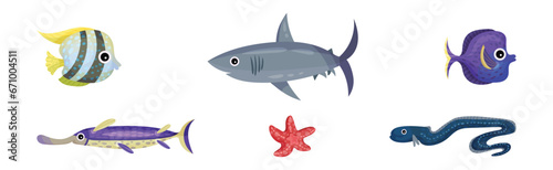 Cute Sea Animals and Underwater Creature with Shark  Starfish  Fish and Eel Vector Set