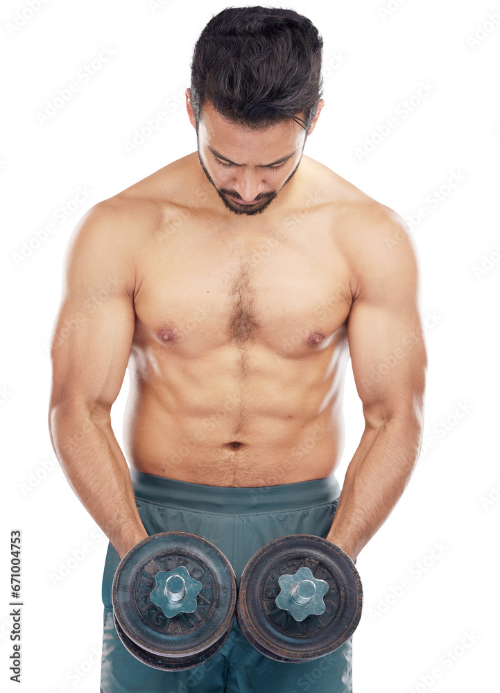 Power, fitness and dumbbells with a bodybuilder man isolated on a transparent background for health or wellness. Exercise, weight or muscular with a strong male athlete on PNG for a training workout Power, fitness and dumbbells with a bodybuilder man isolated on a transparent background for health or wellness. Exercise, weight or muscular with a strong male athlete on PNG for a training workout