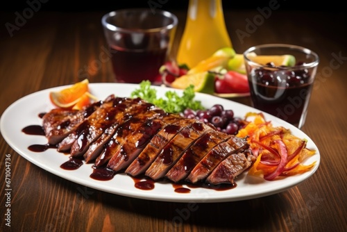 grilled duck elegantly plated with a drizzle of sauce on rim
