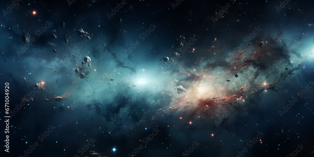 Blue stars and nebulae fly through Travelling through ethereal space with the lights of stars in the cosmos passing clouds of space dust and planets, generative AI