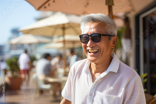 Happy Asian senior man on vacation outdoors. Generative AI. © Lux Images