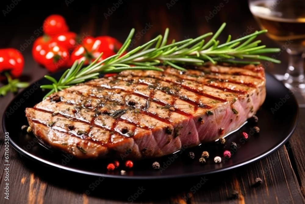 grilled tuna steak decorated with sprigs of rosemary