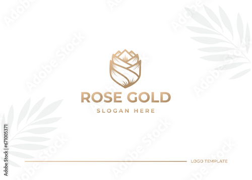 Abstract rose flower logo design can be used as symbols, brand identity, icons, or others. Gold logo inspiration. Color and text can be changed according to your need. Luxury logo design inspiration.