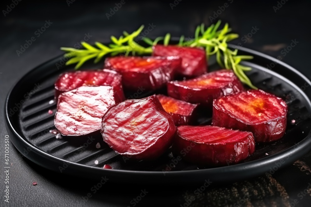 grilled beets on a trendy black plate grilled beets on a trendy black plate