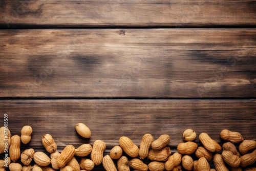Peanuts on rustic copy space wooden background.