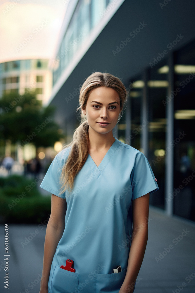 Senior nurse, with stethoscope standing in front of her hospitals Senior nurse, with stethoscope standing in front of her hospitals
