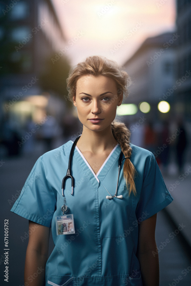 Senior nurse, with stethoscope standing in front of her hospitals Senior nurse, with stethoscope standing in front of her hospitals