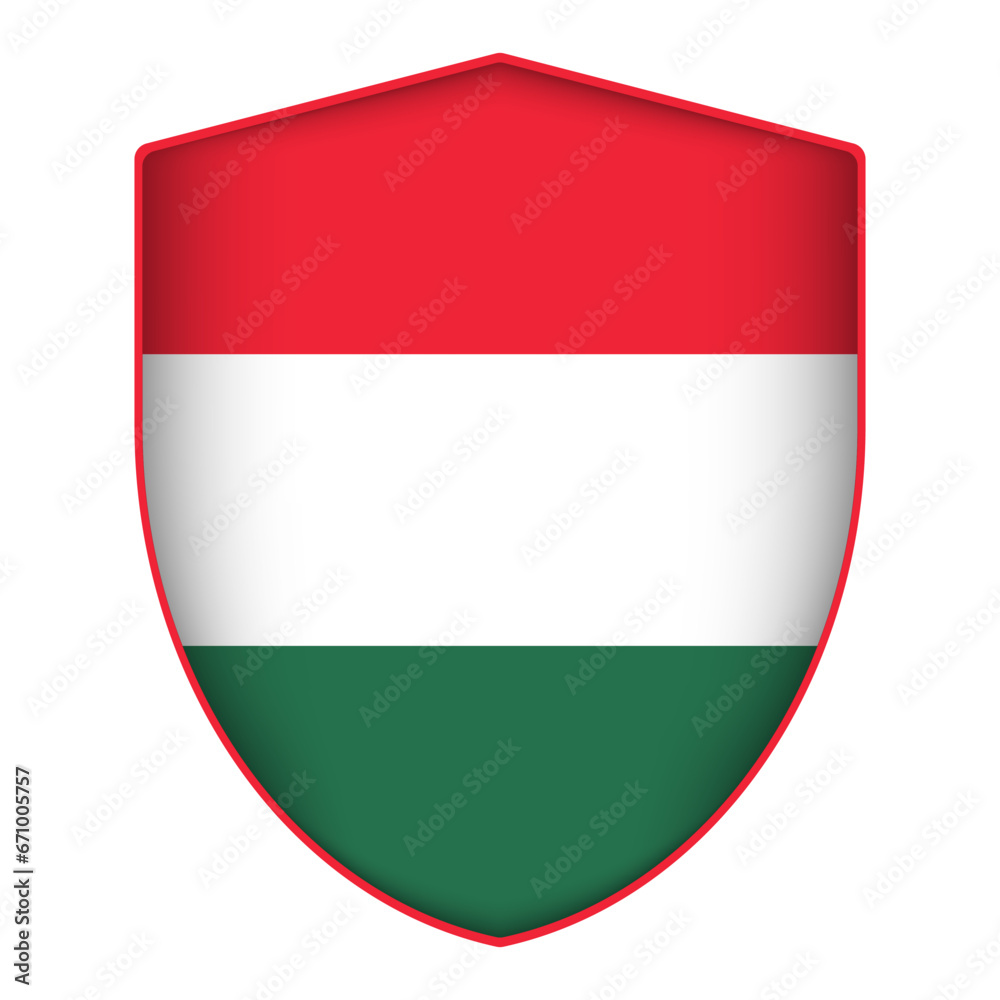 Hungary flag in shield shape. Vector illustration. Hungary flag in shield shape. Vector illustration.