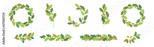Oak Branches with Green Leaves and Acorns Arranged in Wreath Vector Set