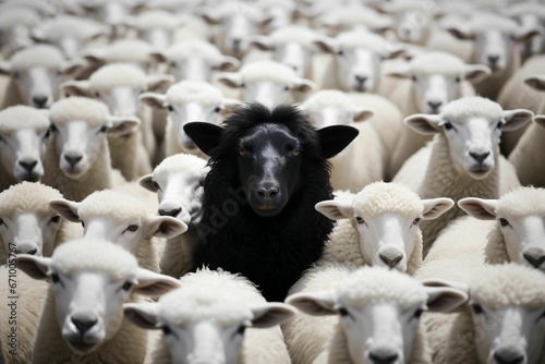 AI generated illustration of a single black sheep surrounded by a herd of white sheep