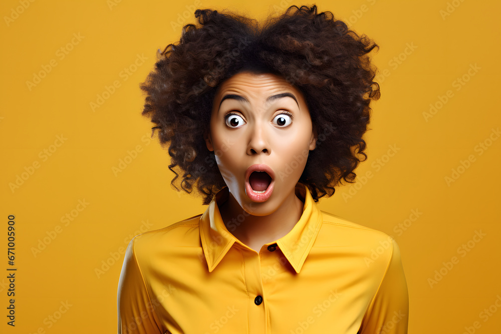 surprised African American woman, head and shoulders portrait on yellow background. Neural network generated image. Not based on any actual person or scene. surprised African American woman, head and shoulders portrait on yellow background. Neural network generated image. Not based on any actual person or scene.