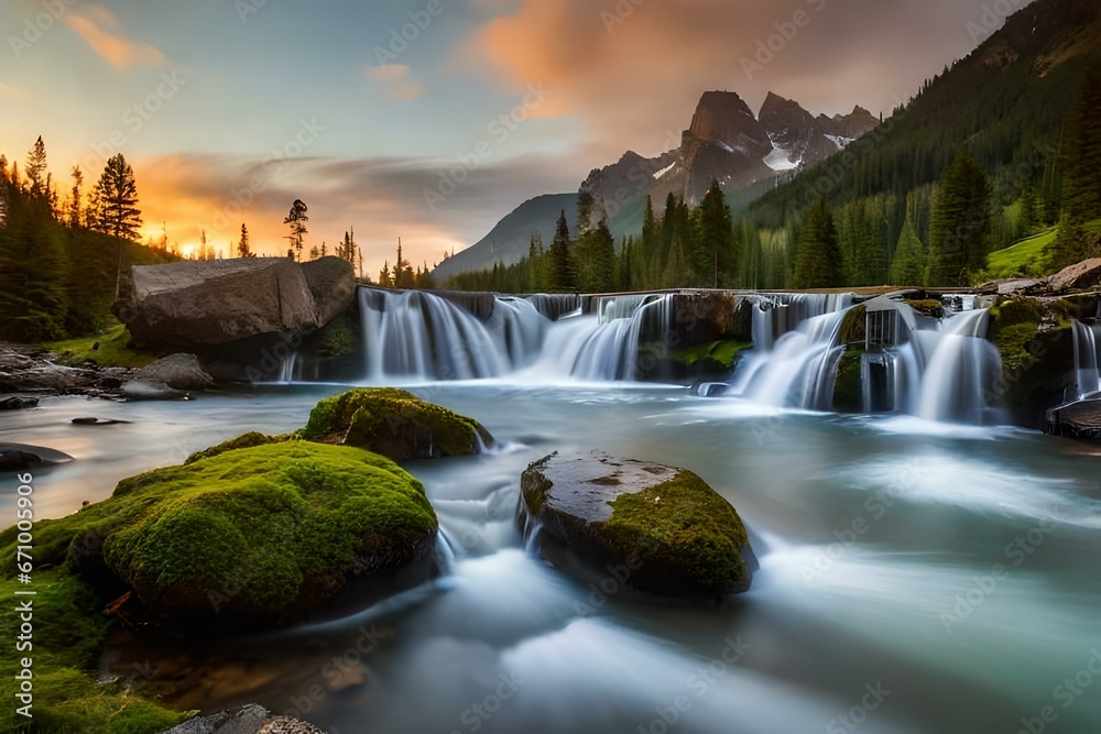 Vibrant jungle waterfall surrounded by lush vegetation - AI Generative Vibrant jungle waterfall surrounded by lush vegetation - AI Generative