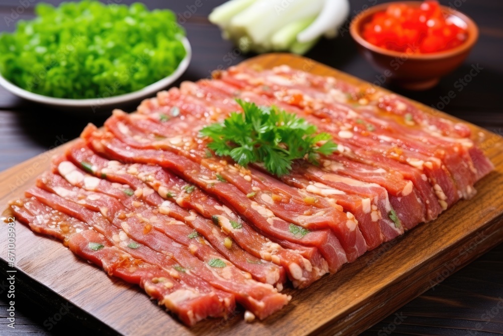 raw chopped pork belly slice marinated in korean sauce