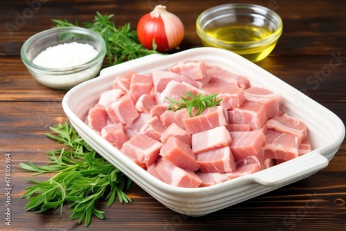 raw pork belly slices placed in a ceramic bowl with marinade