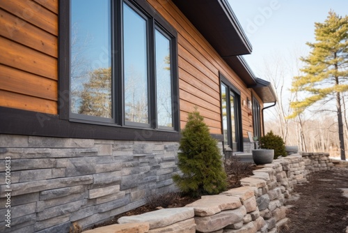 photos showcasing stone foundation details of a wooden cabin