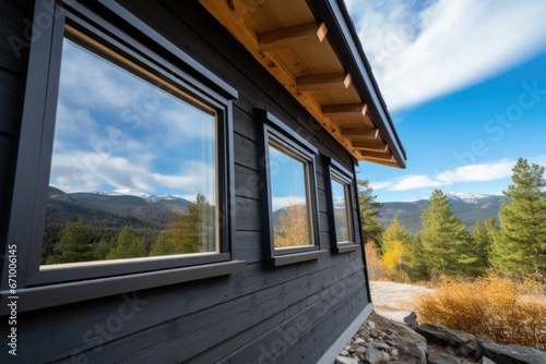 close up of rugged cabin windows with mountain views