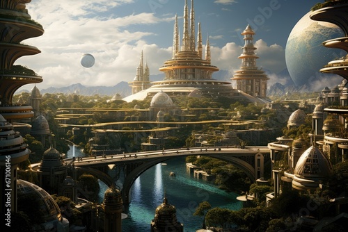 Fantasy Landscape. Panorama of the city and river, Utopian civilisation, utopic city, future of humanity, architecture of tommorow, utopic world, AI Generated photo