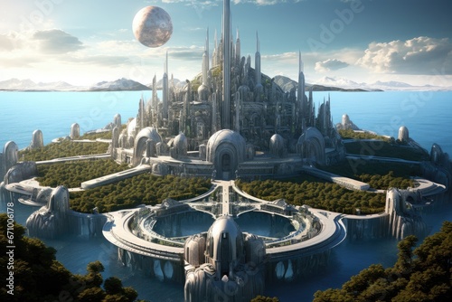 Fantasy alien planet. 3d render illustration. Fantasy world,Utopian civilisation, utopic city, future of humanity, architecture of tommorow, utopic world, AI Generated © Ifti Digital