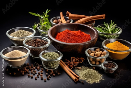 Spices and herbs on black background. Food and cuisine ingredients  Variety of spices in glass bowls and mortar on black slate background  AI Generated