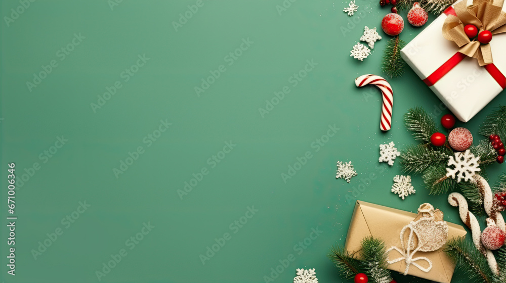 Santa's workshop magic: Top view of craft paper presents, wrapping materials, ornaments, candy canes, mistletoe and wintry twigs on a soft green surface, frame for text or advertising