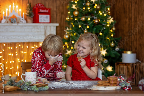 Beautiful children  blond kids  siblings  playing in decorated home for Christmas  enjoying holidays