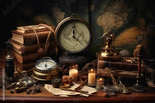 Vintage still life with old books, compass, clock and candlestick, Vintage still life with compass, old map, and other objects, AI Generated