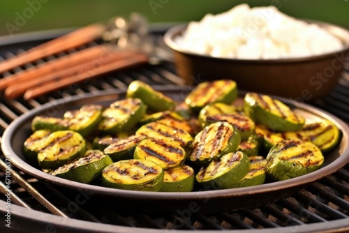close-up shot of grill-seared okra on a speckled ceramic dish