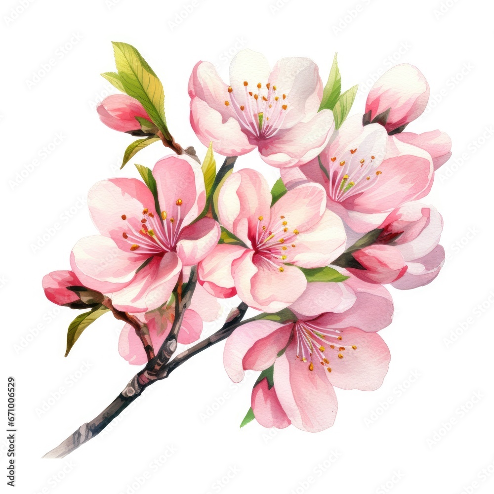 Watercolor cherry blossom branch isolated on white background. Hand drawn illustration, Watercolor cherry blossom. Vector illustration isolated on white background, AI Generated