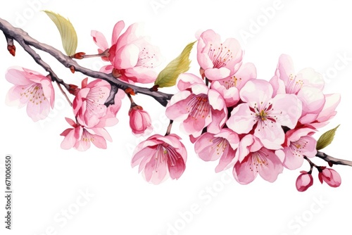 Cherry blossom branch with pink flowers isolated on white background. Watercolor illustration, Watercolor cherry blossom. Vector illustration isolated on white background, AI Generated #671006550