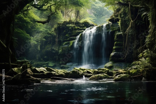 Beautiful waterfall in deep forest. Natural background. Toned, waterfall in the forest , AI Generated