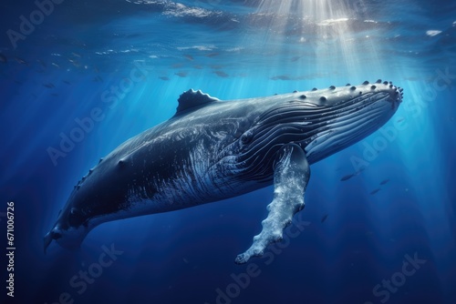Whale swimming in deep blue ocean. Underwater scene. 3D rendering, Whale swimming in the deep blue sea. Humpback whale in the ocean, AI Generated