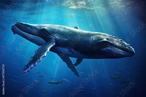 Humpback whale swimming in the deep blue ocean with sun rays, Whale swimming in the deep blue sea. Humpback whale in the ocean, AI Generated