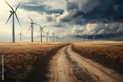 Wind turbines on a rural road in the countryside. 3d render, Windmill wind power electricity farm field, AI Generated